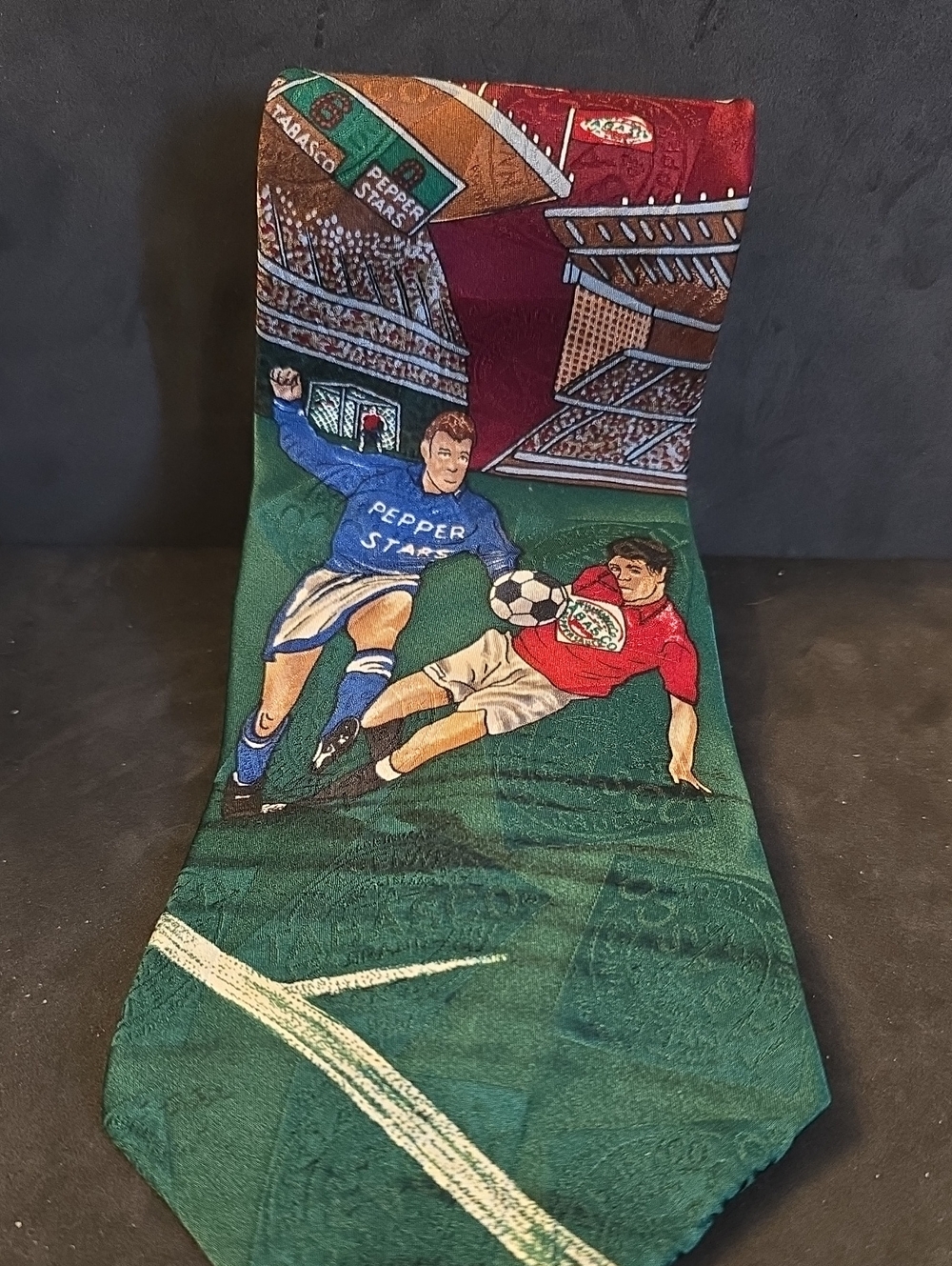 Tabasco Soccer Novelty Tie in Green, Red, Blue Silk
